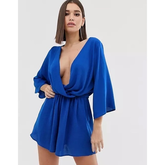 NWT ASOS Plunge Neck Wrap Romper with Blouson Sleeves - Picture 1 of 8